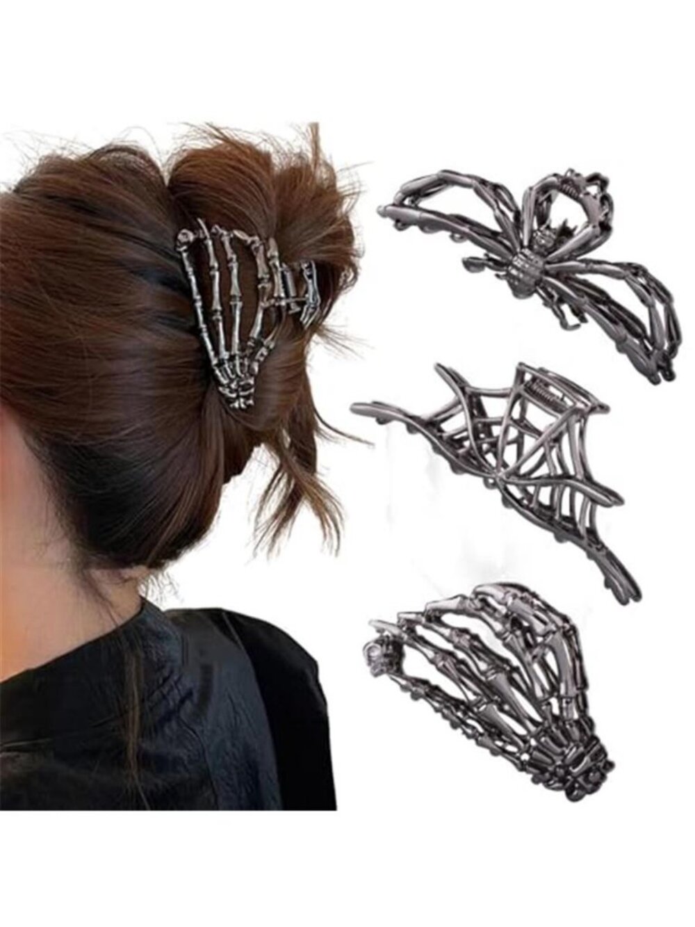 3PCS Black Spider Web Skeleton Hand Skull Hair Claw Clips for Women And Girls,